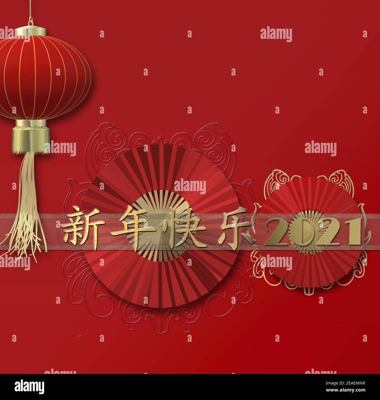 Frohes Chinesisches Neues Jahr. Rote Papierfächer, Laterne, auf rotem Hintergrund. Traditionelle Feiertage Lunar Neujahr. Goldtext Chinesische Übersetzung Frohes neues Jahr. Stockfoto
