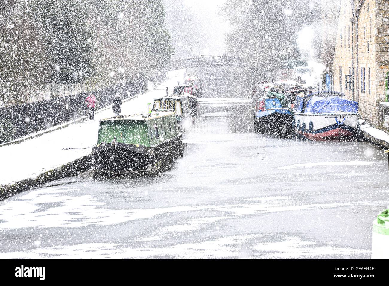 Blizzard, Storm Darcy, Rochdale Canal, Hebden Bridge, Calderdale, West Yorkshire Stockfoto