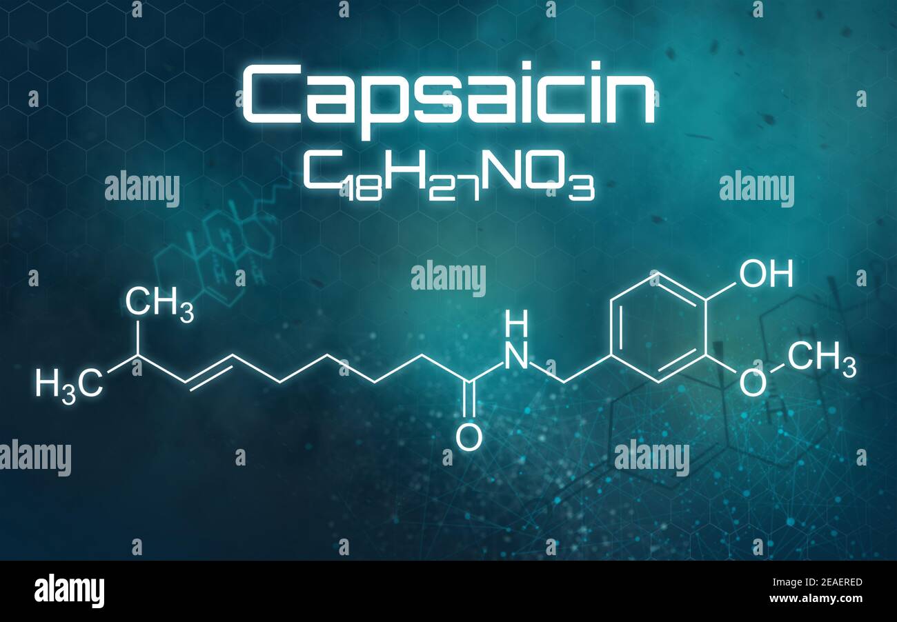Chemische Formel von Capsaicin auf einem futuristischen Hintergrund Stockfoto