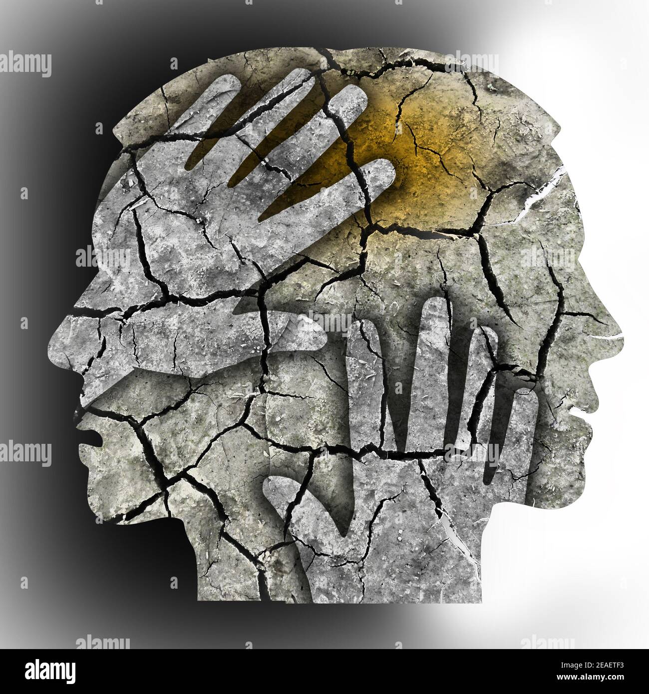 Schizophrenie Kopfsilhouetten. Mann, der seinen Kopf hält.Foto-Montage mit trockener rissiger Erde, die Schizophrenie symbolisiert Depression, Kopfschmerzen Stockfoto