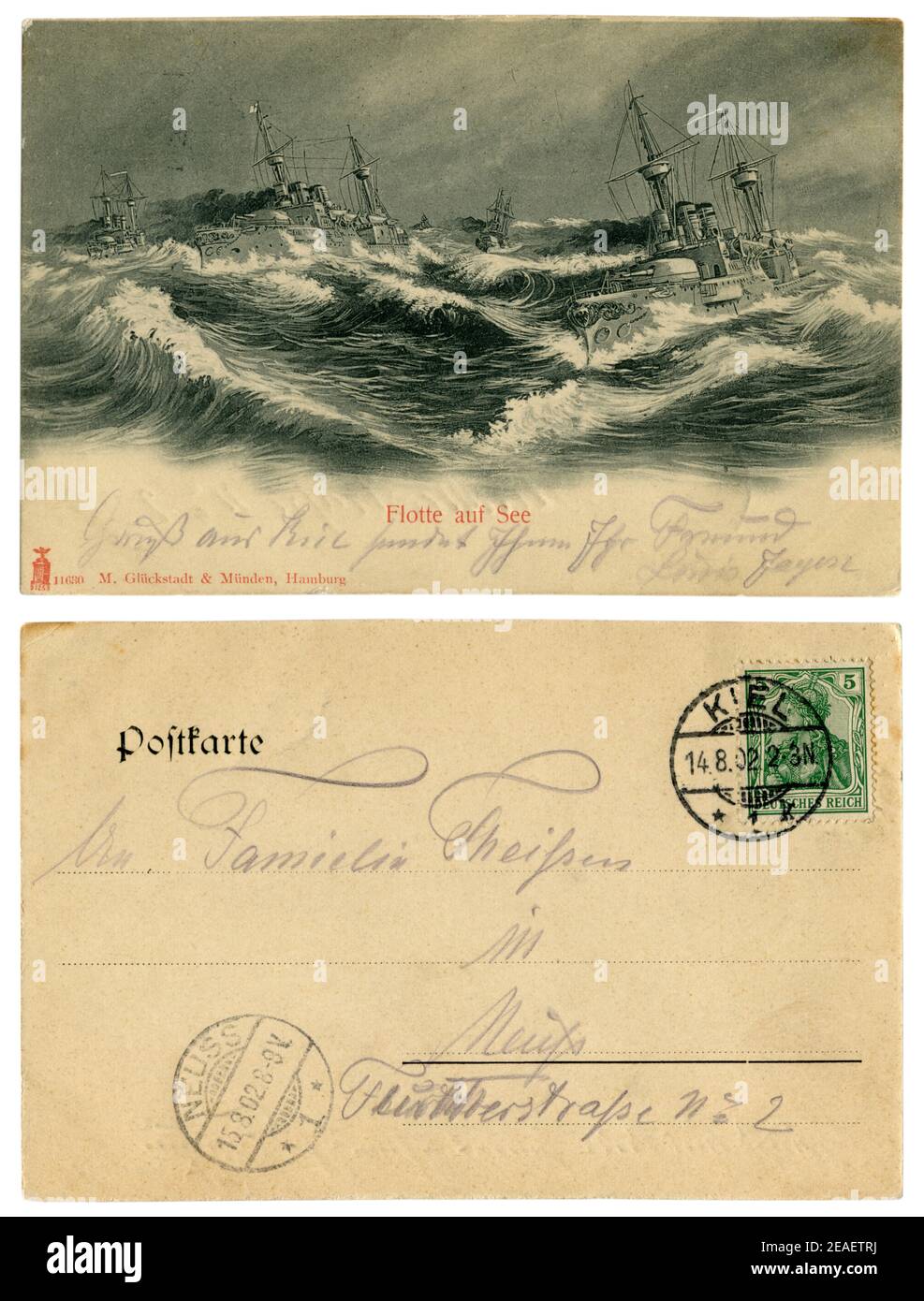 Deutsche historische Postkarte: Kriegsschiffe der deutschen Kaisermarine in rauer See, signiert mit violettem Bleistift, Rückseite, Deutschland, 1902 Stockfoto