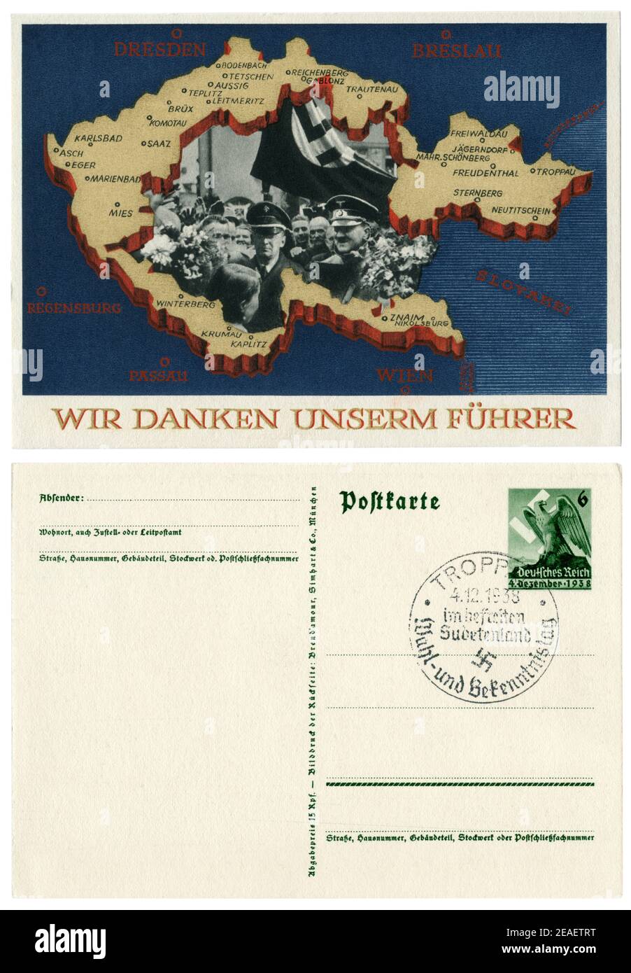 Deutsche historische Postkarte: Volksabstimmung über den Beitritt des Sudetenlandes. Annexion von Teilen der Tschechoslowakei. 29. September 1938, Rückseite Stockfoto