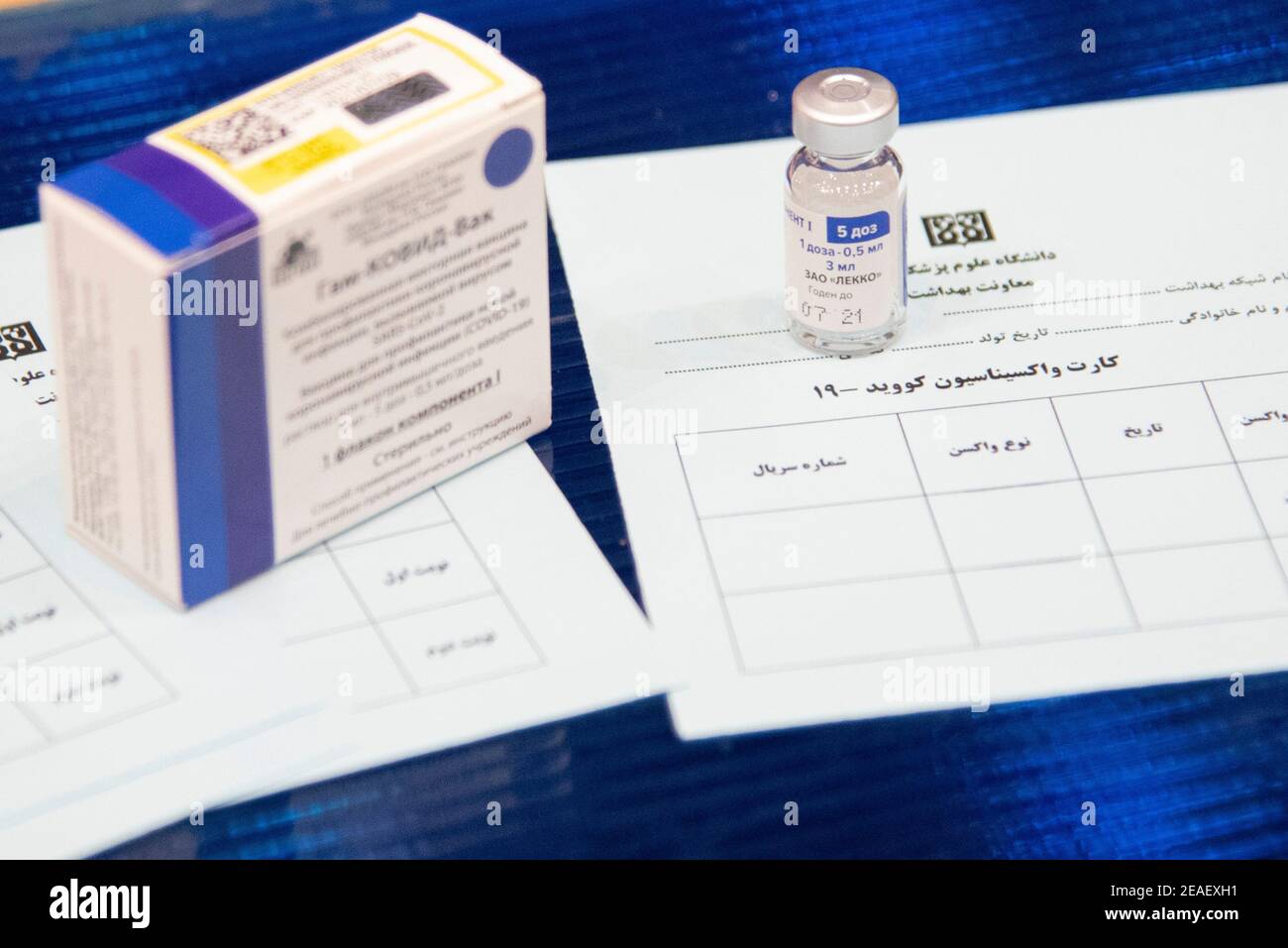 Sputnik V ist ein COVID-19-Impfstoff, der vom Gamaleya Research Institute of Epidemiology and Microbiology, Und am 11. August 2020 vom russischen Gesundheitsministerium als Gam-COVID-Vac registriert.am 9. Februar 2021 wurden die ersten COVID-19-Impfungen für iranisches medizinisches Personal mit dem russischen Sputnik V-Impfstoff im Imam-Khomeini-Krankenhauskomplex in Teheran, Iran, injiziert. (Foto von Sobhan Farajvan/Pacific Press/Sipa USA) Stockfoto