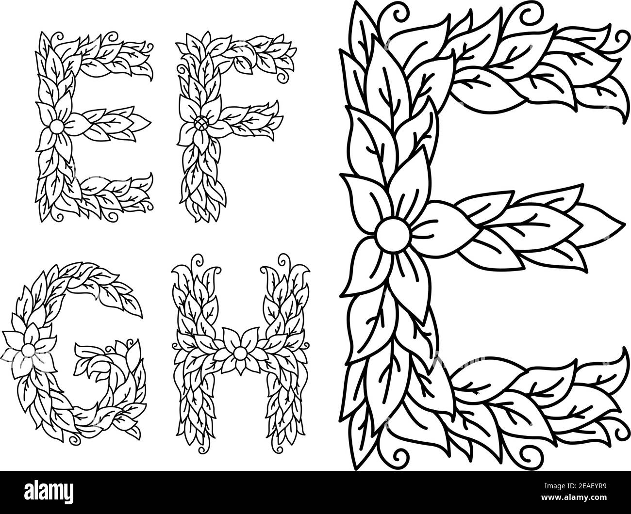 Florale Großbuchstaben E, F, G und H für Design Stock Vektor