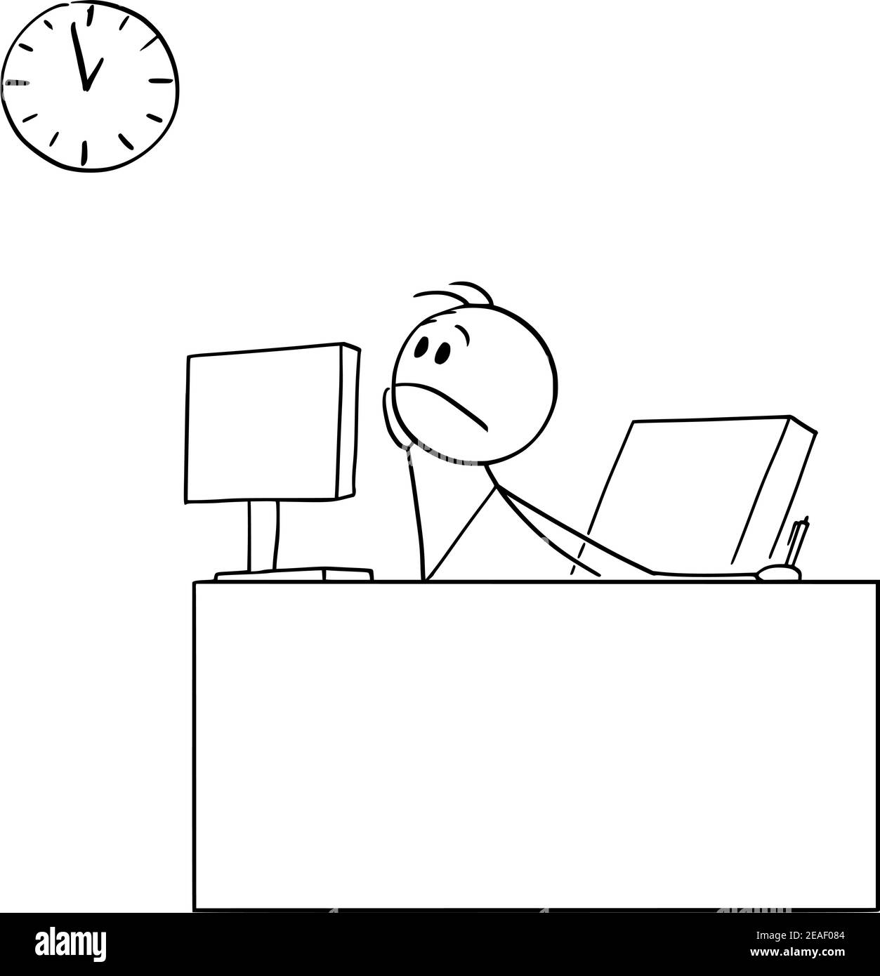 Gelangweilt oder müde Büroangestellte oder Geschäftsmann beobachten Wanduhr wollen nach Hause gehen, Vektor Cartoon Stick Figur oder Figur Illustration. Stock Vektor