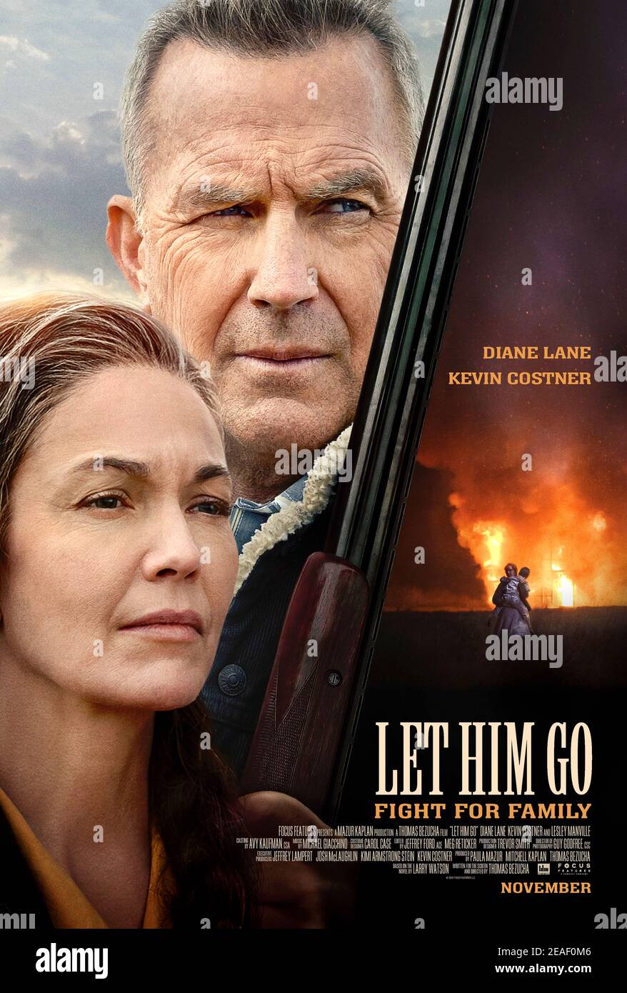 Let Him Go (2020) unter der Regie von Thomas Bezucha mit Diane Lane, Kevin Costner und Kayli Carter. Ein pensionierter Sheriff und seine Frau trauerten über den Tod ihres Sohnes, um ihren einzigen Enkel zu finden. Stockfoto