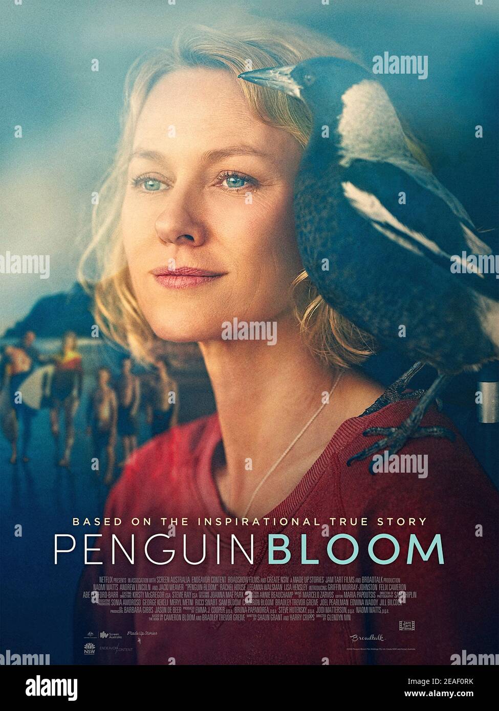 Penguin Bloom (2020) unter der Regie von Glendyn Ivin mit Naomi Watts, Griffin Murray-Johnston und Andrew Lincoln. Eine Familie nimmt eine verletzte Elster auf, die einen tiefgreifenden Unterschied in ihrem Leben macht. Stockfoto