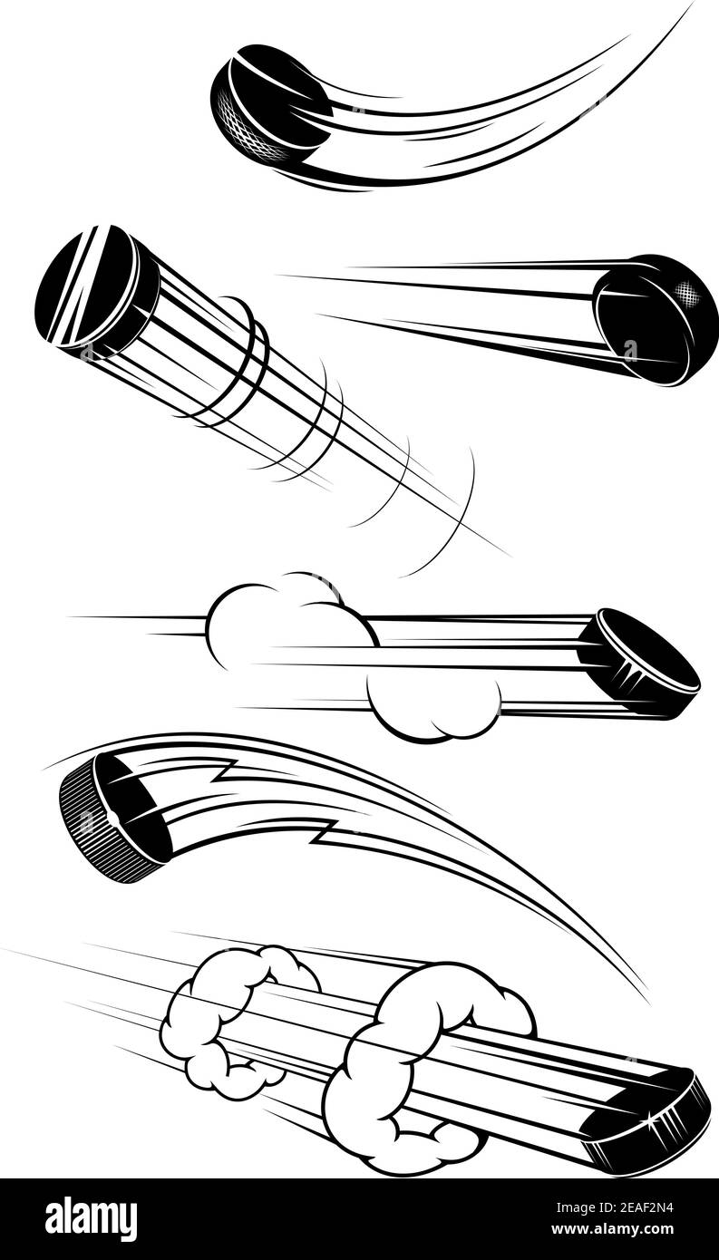 Fliegende Hockey Pucks in Cartoon-Stil für Sport-Design gesetzt Stock Vektor