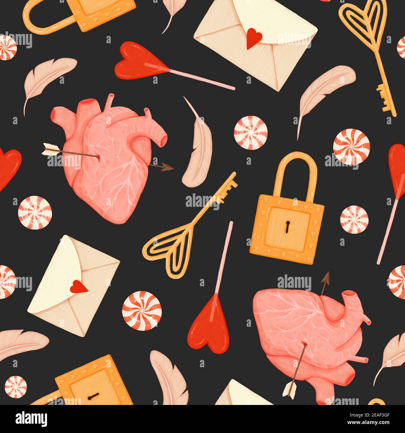 Nahtloses Muster am Valentinstag. Schlüssel, Schloss, Süßigkeiten, Vogelfedern, Umschlag und Herz mit Pfeil auf schwarzem Hintergrund durchbohrt Stockfoto