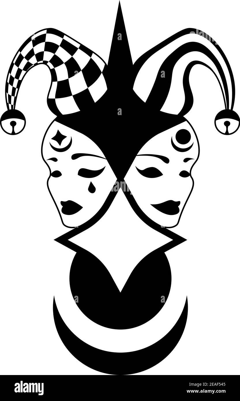 Abstrakte Illustration der dramatischen Komödie und Tragödie Masken in Narr hut Stock Vektor