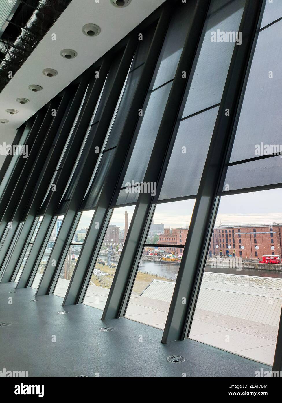 Blick auf die Royal Albert Docks aus den Fenstern des Museum of Liverpool Stockfoto