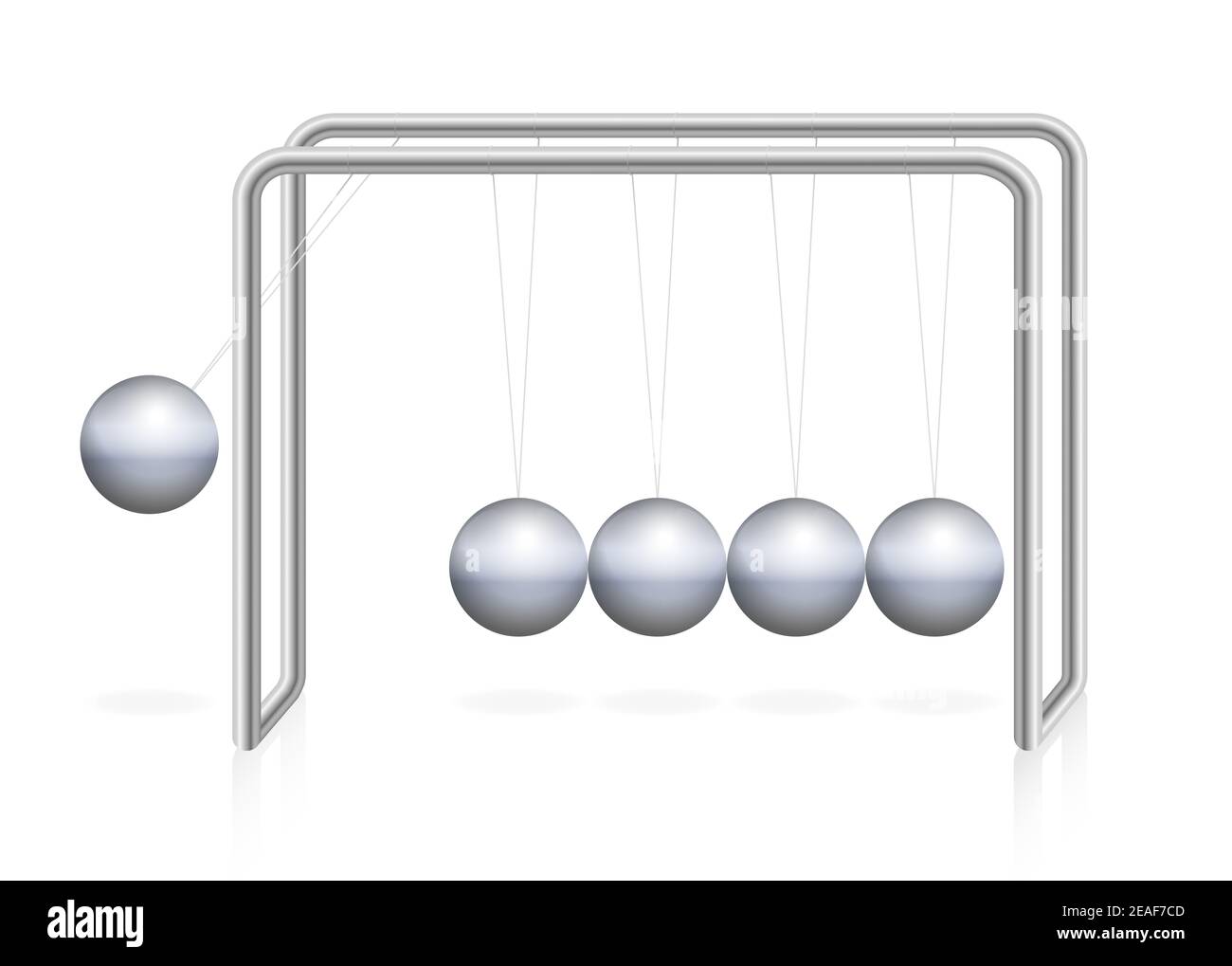 Newtons Wiegependel mit Eisenkugel in Bewegung, Impuls, Energie. Physikalisches Experiment - Illustration auf weißem Hintergrund. Stockfoto