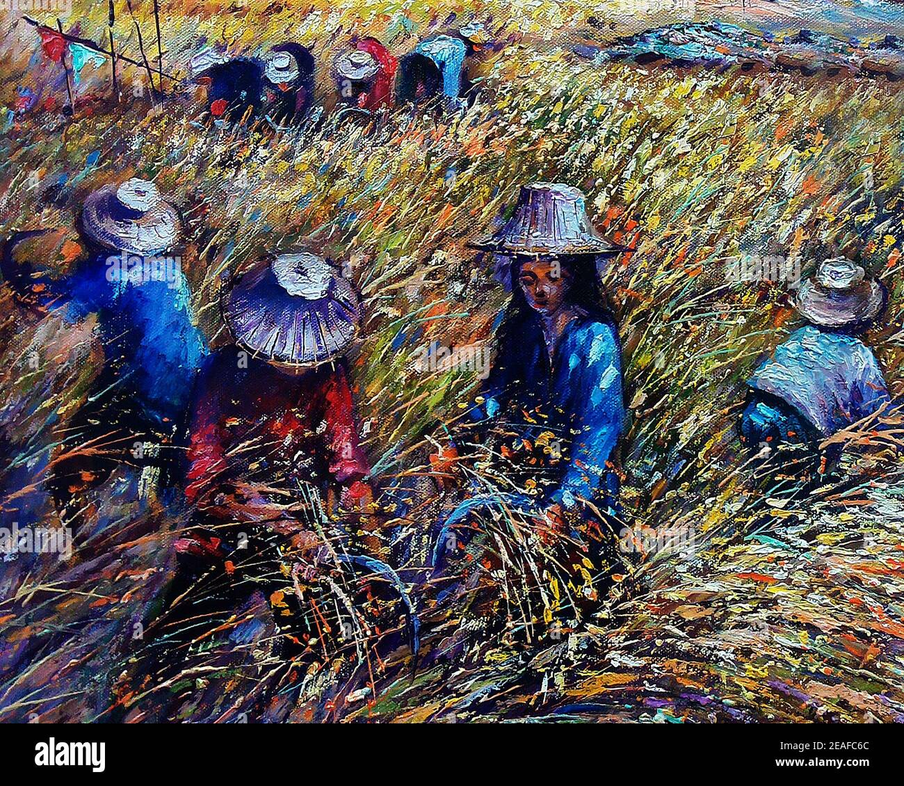 Kunst Malerei Ölfarbe thailändischer Landbauer , Ernte Reis , Landwirt , ländliches Leben , ländliches thailand , das Leben in Thailand Stockfoto