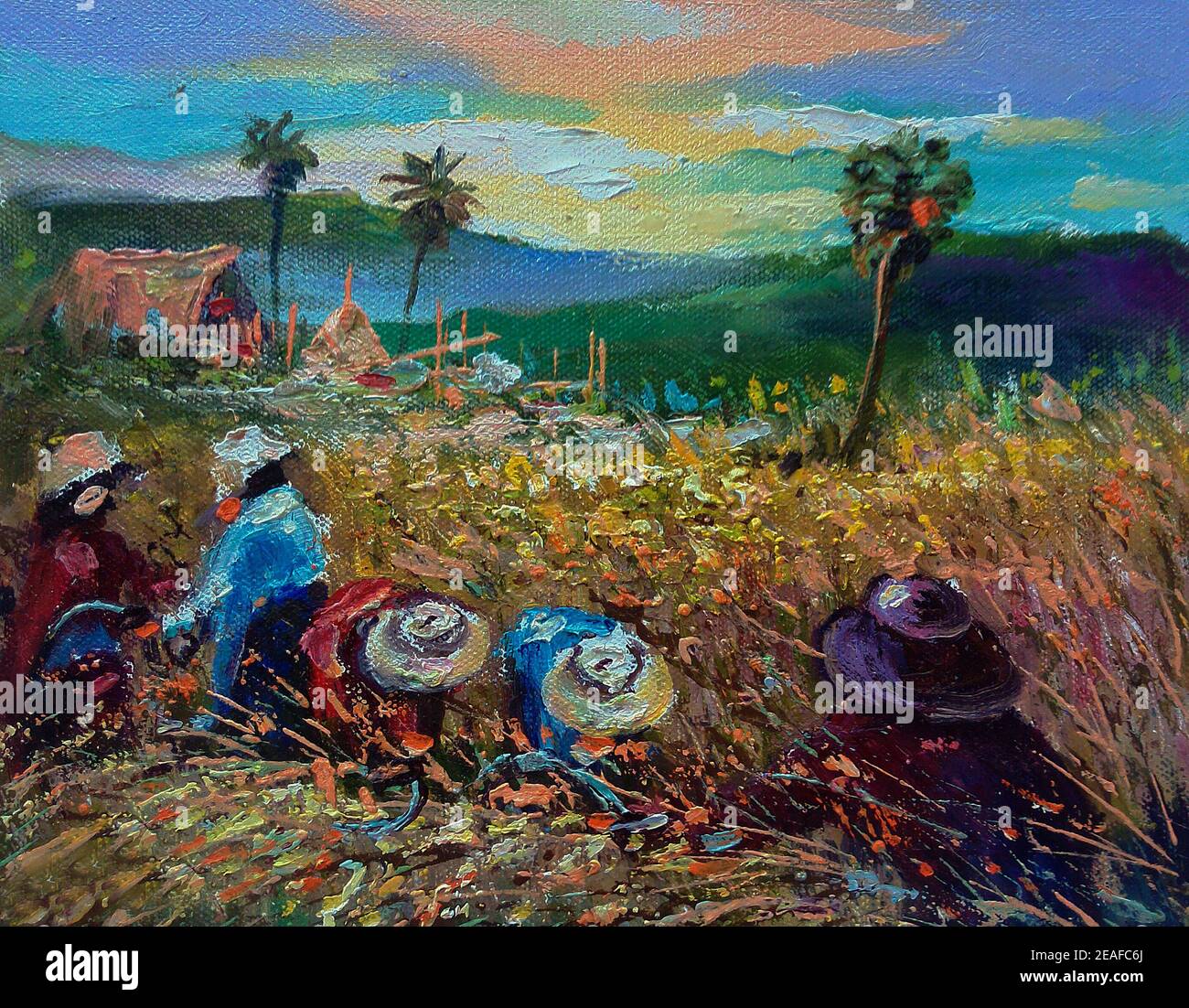 Kunstmalerei Ölfarbe Farmer , Ernte Reis , Landwirtschaftslehre , ländliches Leben , ländliches thailand , Überfluss , ökologischer Landbau Stockfoto