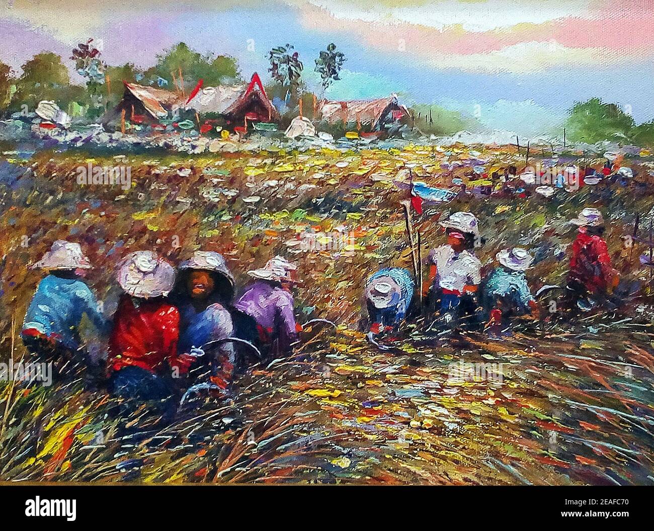 Kunst, Malerei, Ölfarbe, thailändisches Land, Erntereis, Überfluss, biologische Landwirtschaft Stockfoto