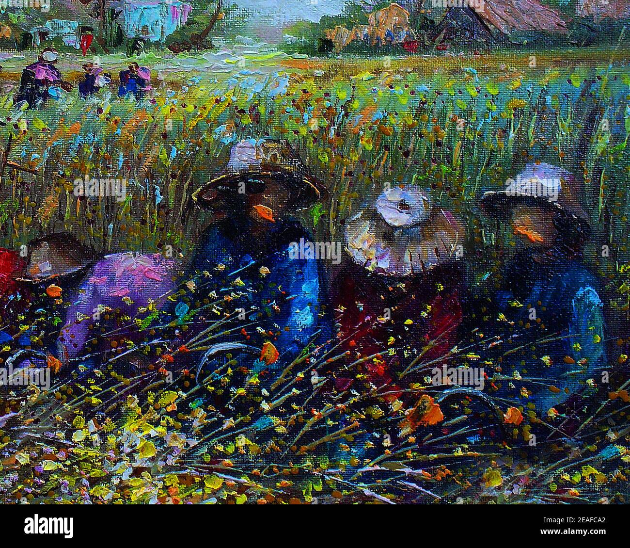 Kunstmalerei Ölfarbe Farmer , Ernte Reis , Landwirtschaftslehre , ländliches Leben , ländliches thailand , Überfluss , ökologischer Landbau Stockfoto