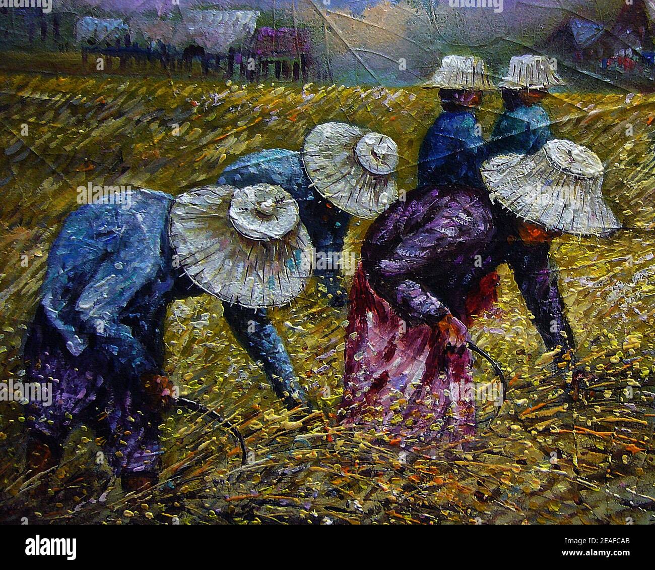 Kunst Malerei Ölfarbe thailändischer Landbauer , Ernte Reis , Landwirt , ländliches Leben , ländliches thailand , das Leben in Thailand Stockfoto
