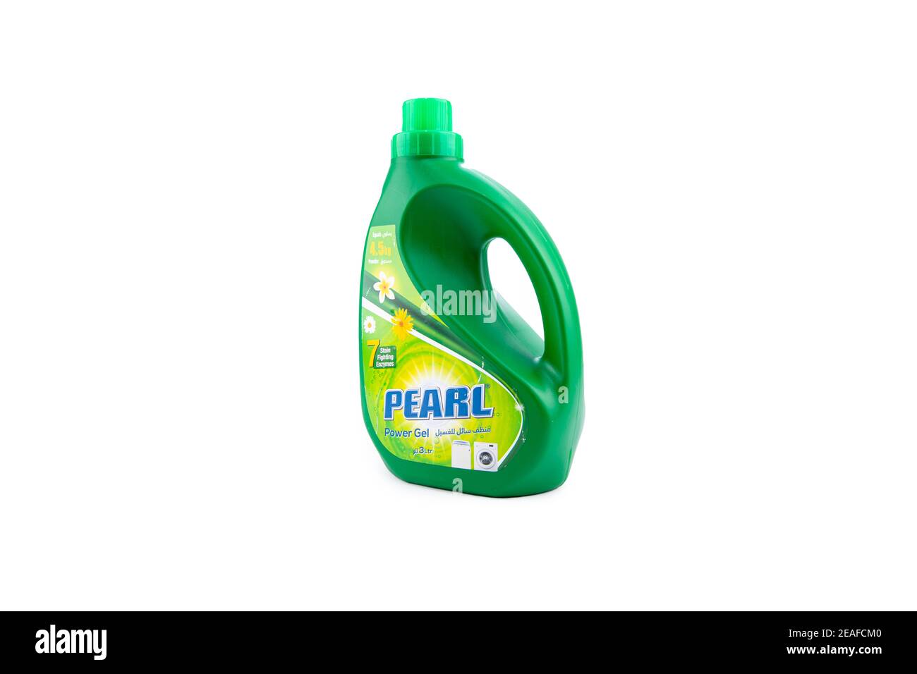 Pearl Power Gelflasche auf isoliertem Hintergrund. Hygieneprodukte für die Waschmaschine Stockfoto
