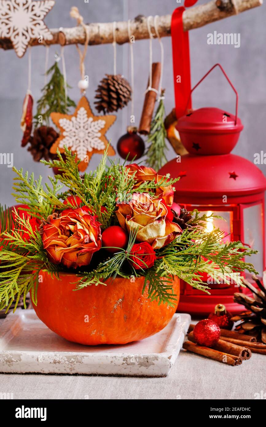 Langlebige Weihnachtsdekoration aus getrockneten Rosen, Tannenzweigen und Kugeln. Blumenarrangement im Kürbis. Natürliche Dekorationsideen. Stockfoto