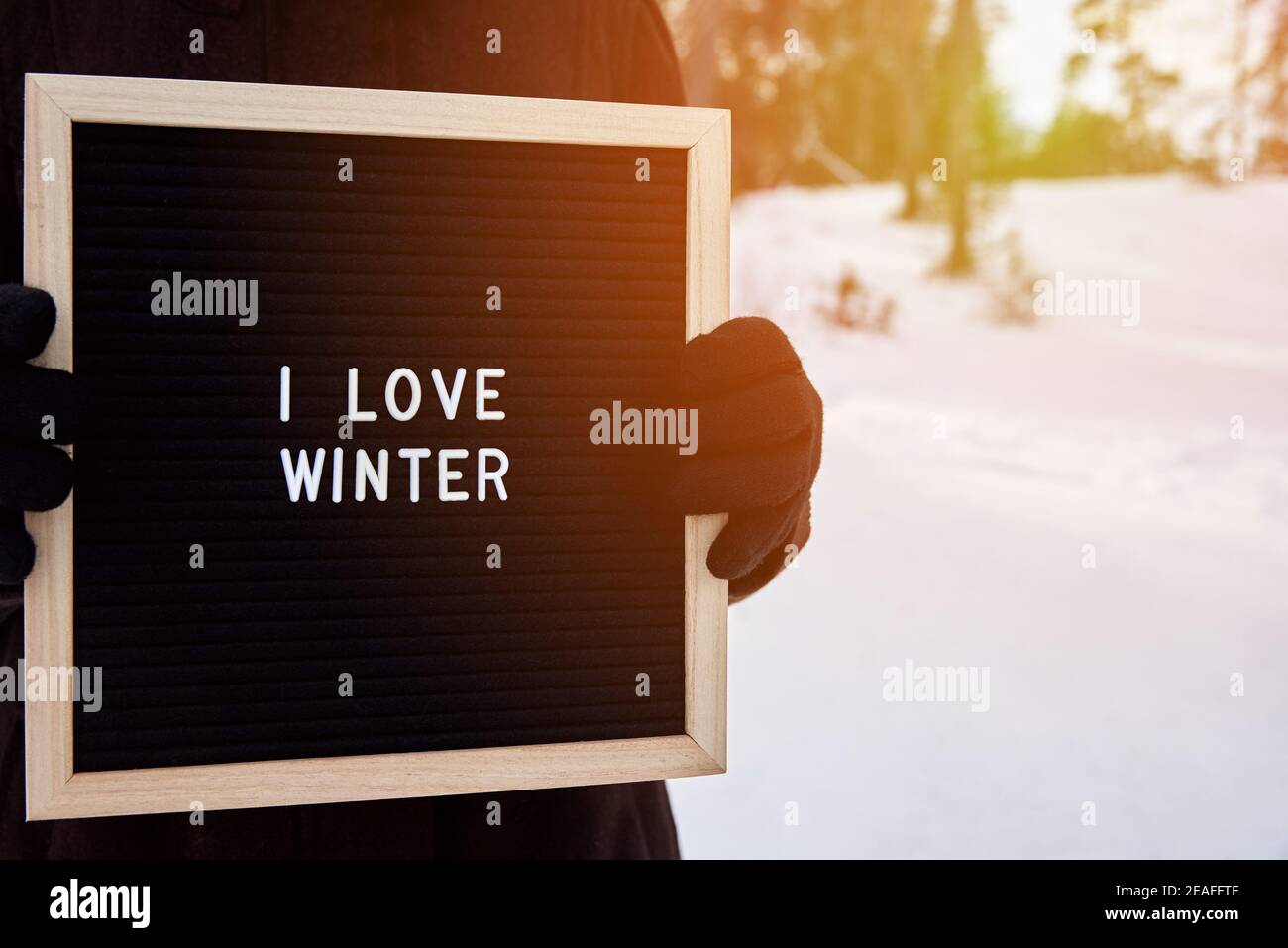 Ein Rahmen mit der Inschrift Ich liebe den Winter in den Händen einer Frau in Handschuhen in der Natur, getönte Foto. Stockfoto