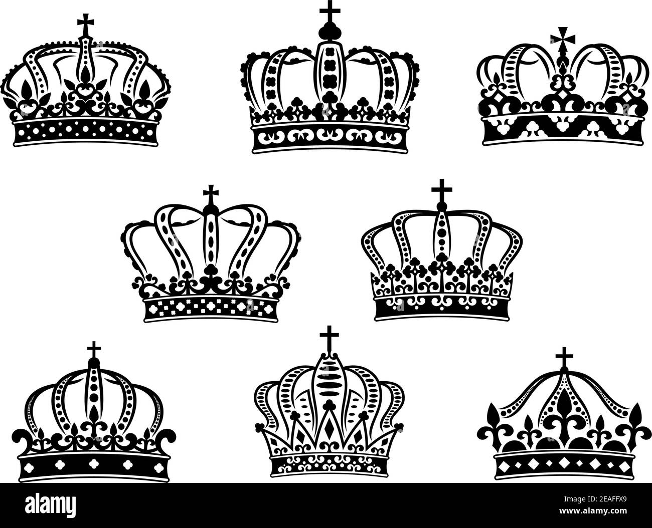 Sammlung von acht vintage heraldischen königlichen Kronen von verschiedenen verzierten Formen und kalligrafische Designs in schwarz auf weißem Hintergrund Stock Vektor