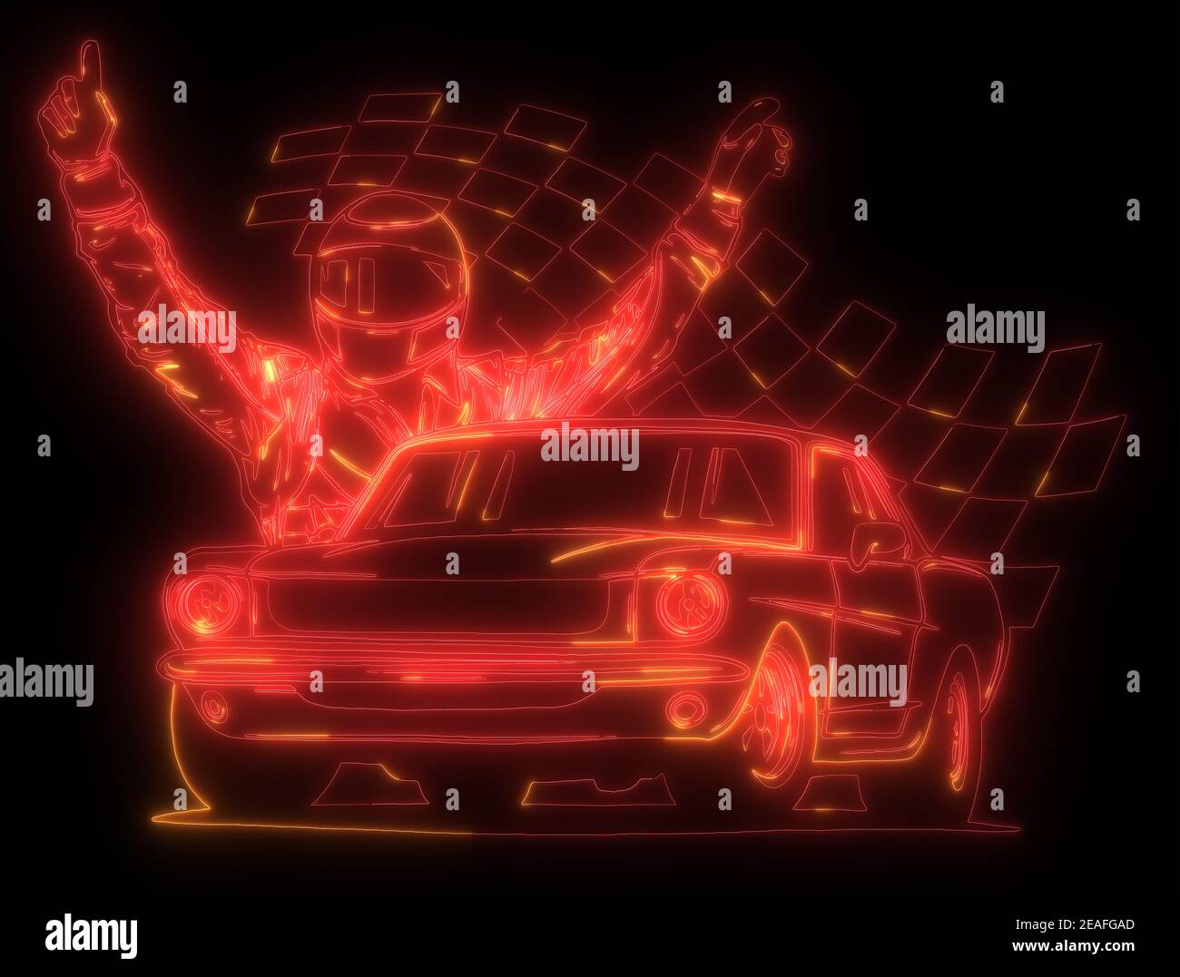 Neonlicht eines Rennwagenfahrers vor Sein Auto Stockfoto