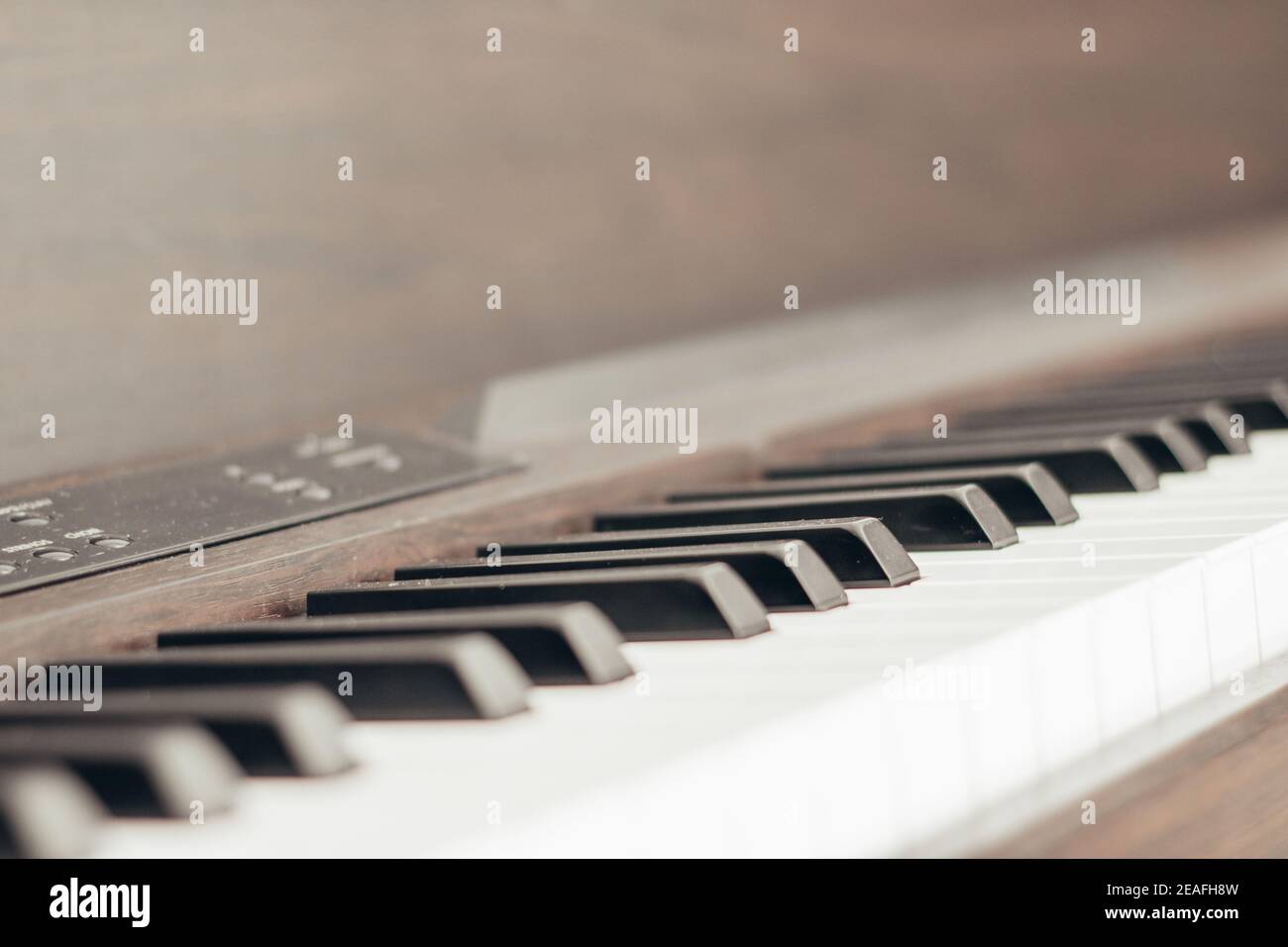 Selektive Fokuseinstellung von schwarzen und weißen Klaviertasten Stockfoto