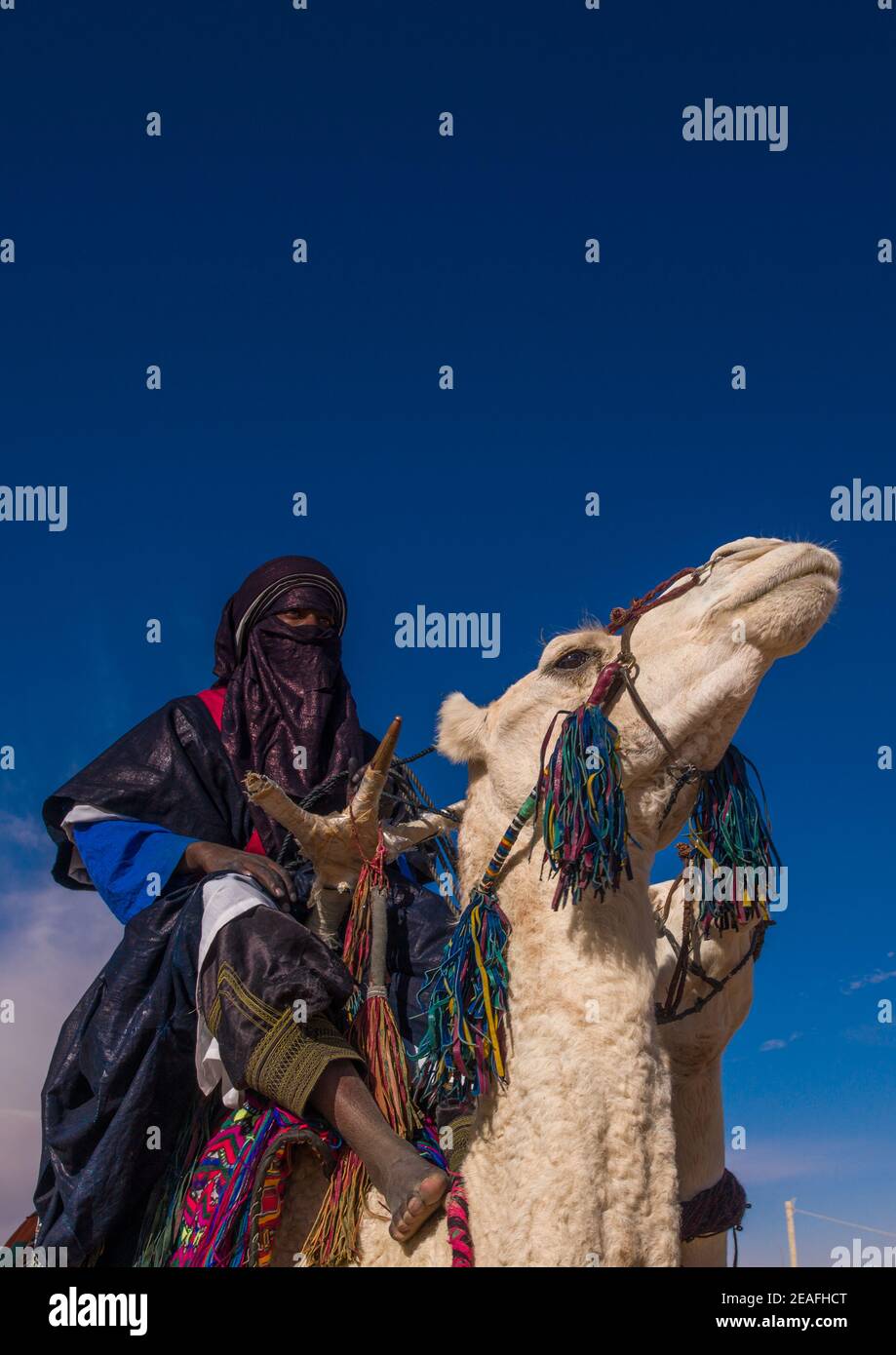 Tuareg Mann auf seinem Kamel reiten, Tripolitania, Ghadames, Libyen Stockfoto