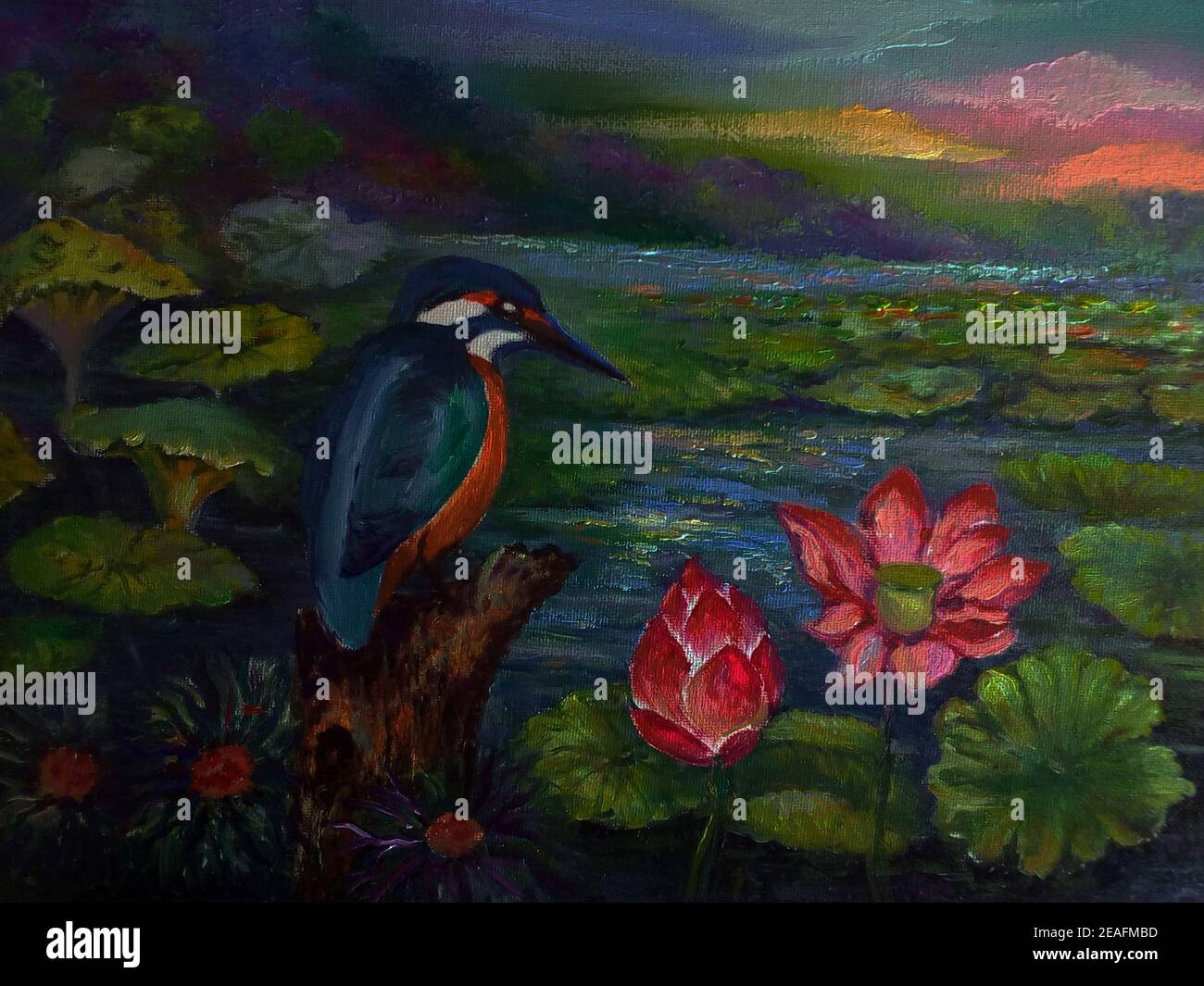 Kunst, Öl, Malerei, Eisvögel, Blume, abstrakt, Design, Hintergrund, aus thailand, Water Lilly Stockfoto
