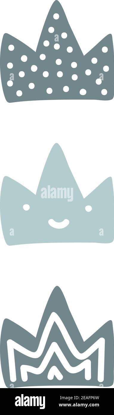 Vektor König und Königin Krone, flache Vektor-Cartoon-Illustration Doodle Zeichnung, Baby blaue Kronen mit Punkten und Linien im Inneren, Kronen Zeichnung. prinzessin Stock Vektor