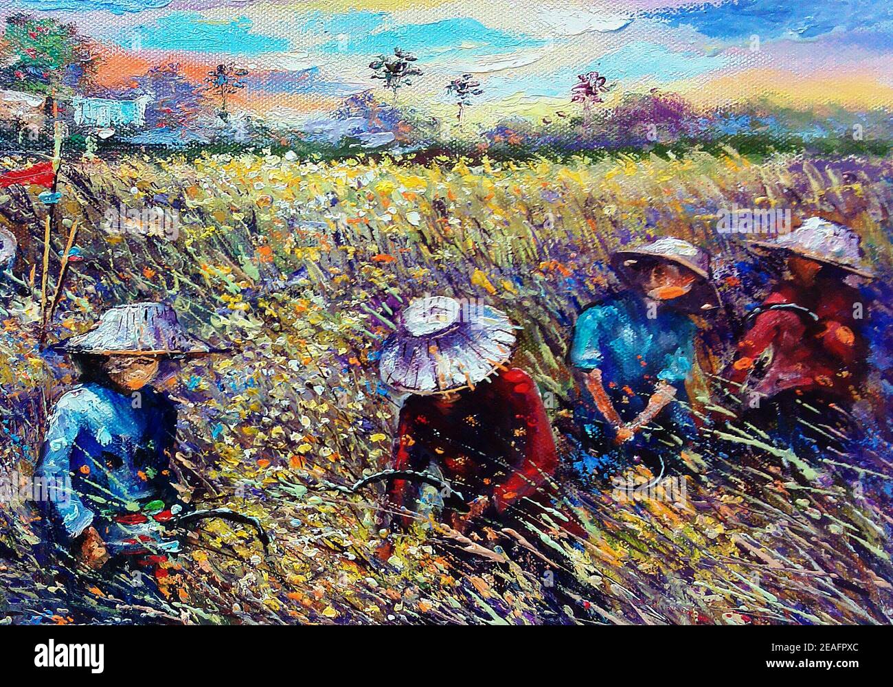 Handgemalte Original Impressionismus Meisterwerke Maler Kunst Ölmalerei Hintergrund Ernte Reisbauern Landwirt vom Land thailand Stockfoto