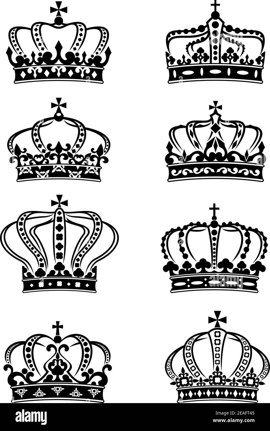 Satz heraldische königliche Kronen in kunstvollen, filigranen Kalligraphiedesigns Stock Vektor