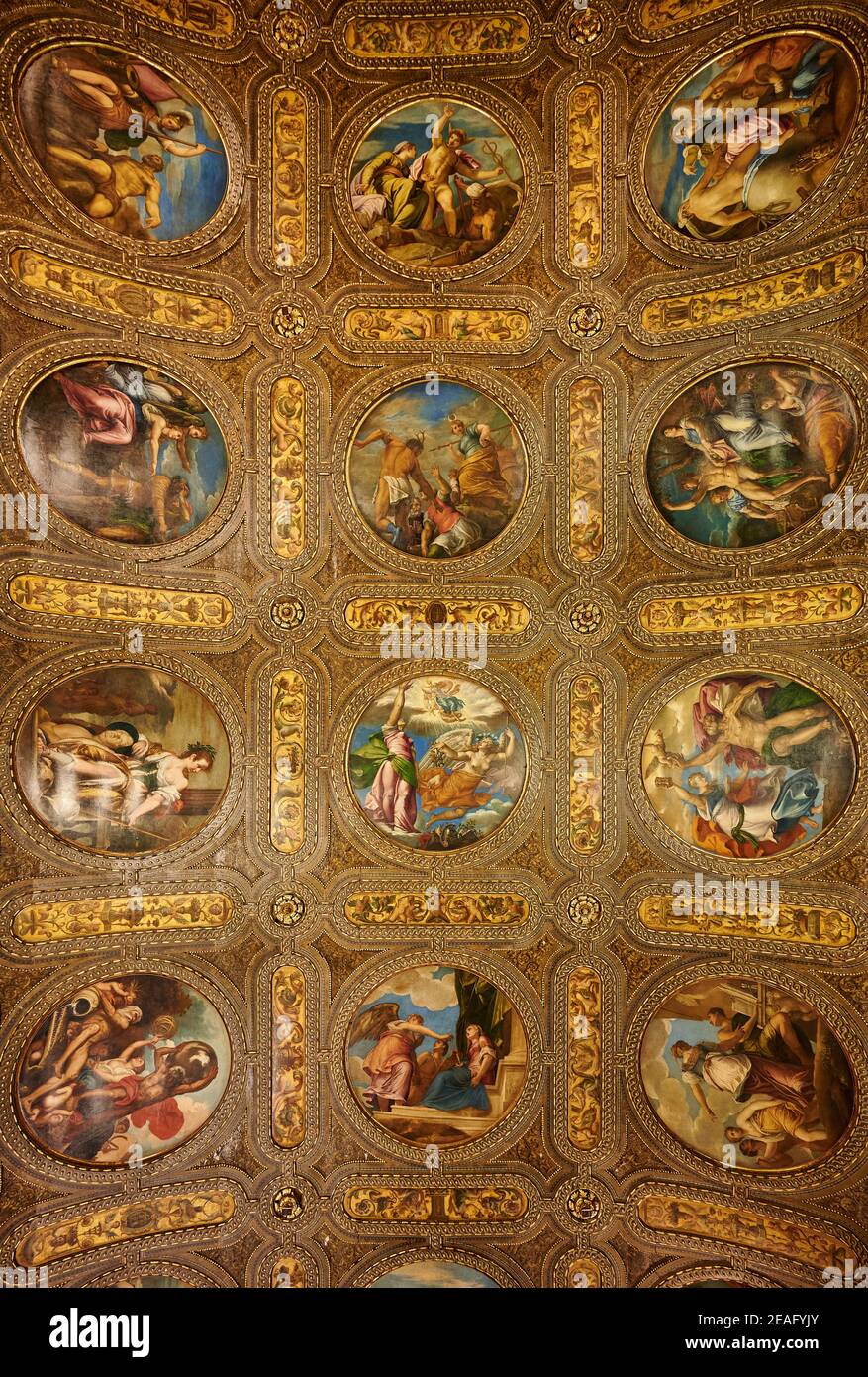 Deckenmalerei in Sala di lettura oder Lesesaal in der Biblioteca Nazionale Marciana mit dem Mannifest des Manierismus, Venedig, Venetien, Italien Stockfoto
