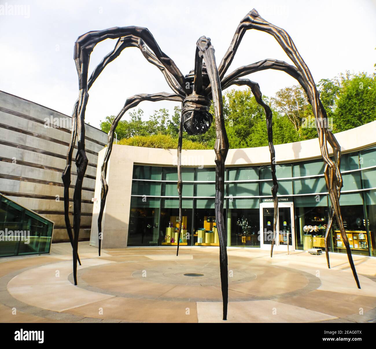 Riesige Metallspinnen Skulptur in USA, Arkansas, Bentonville, Crystal Bridges Museum of American Art 8-24-2017 Stockfoto