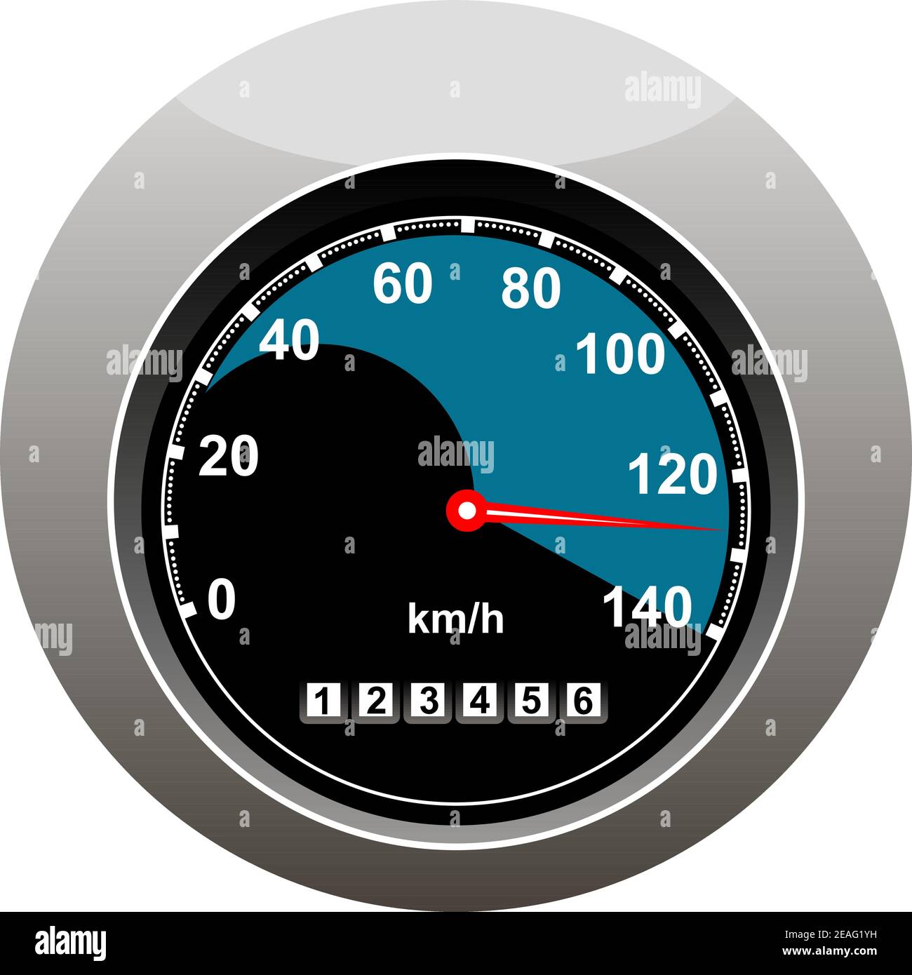 Auto-Tachometer zeigt jemanden Geschwindigkeit bei 130 Kilimotres pro Stunde und eine hohe Laufleistung über 123000 Kilometer, isoliert auf weiß Stock Vektor