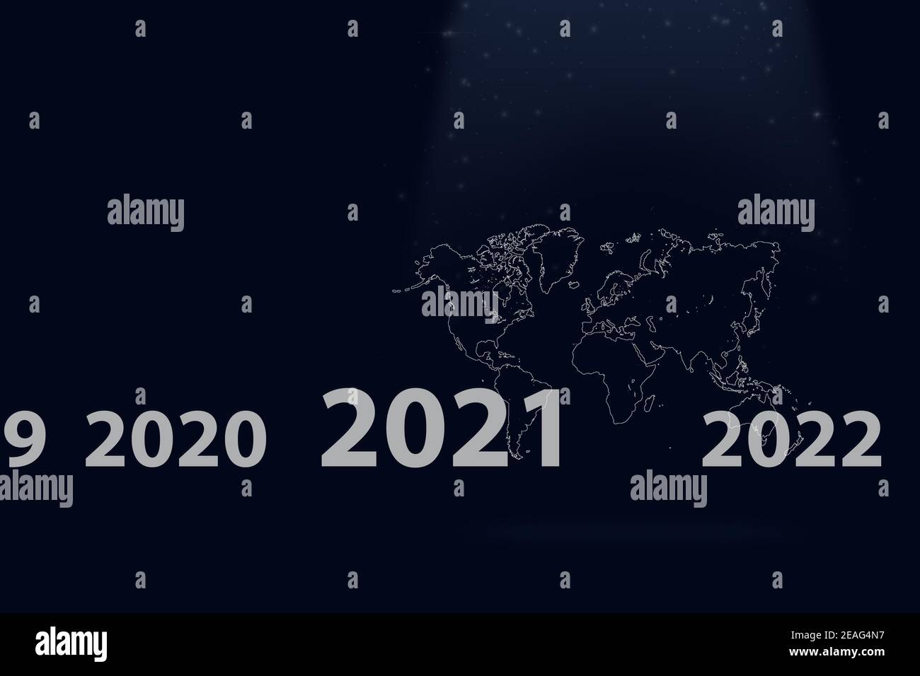 Virtuelle Hologramm-Welt 2021 auf dunkelblauem Hintergrund. Konzept für das neue Jahr 2021 Stockfoto