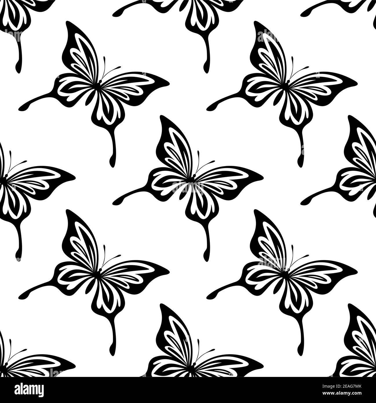 Wiederholen Sie nahtlos schwarz-weiß Muster von Schmetterlingen mit ausgebreiteten Flügeln geformt wie die des Schwalbenschwanzes, auf einem weißen Hintergrund Stock Vektor