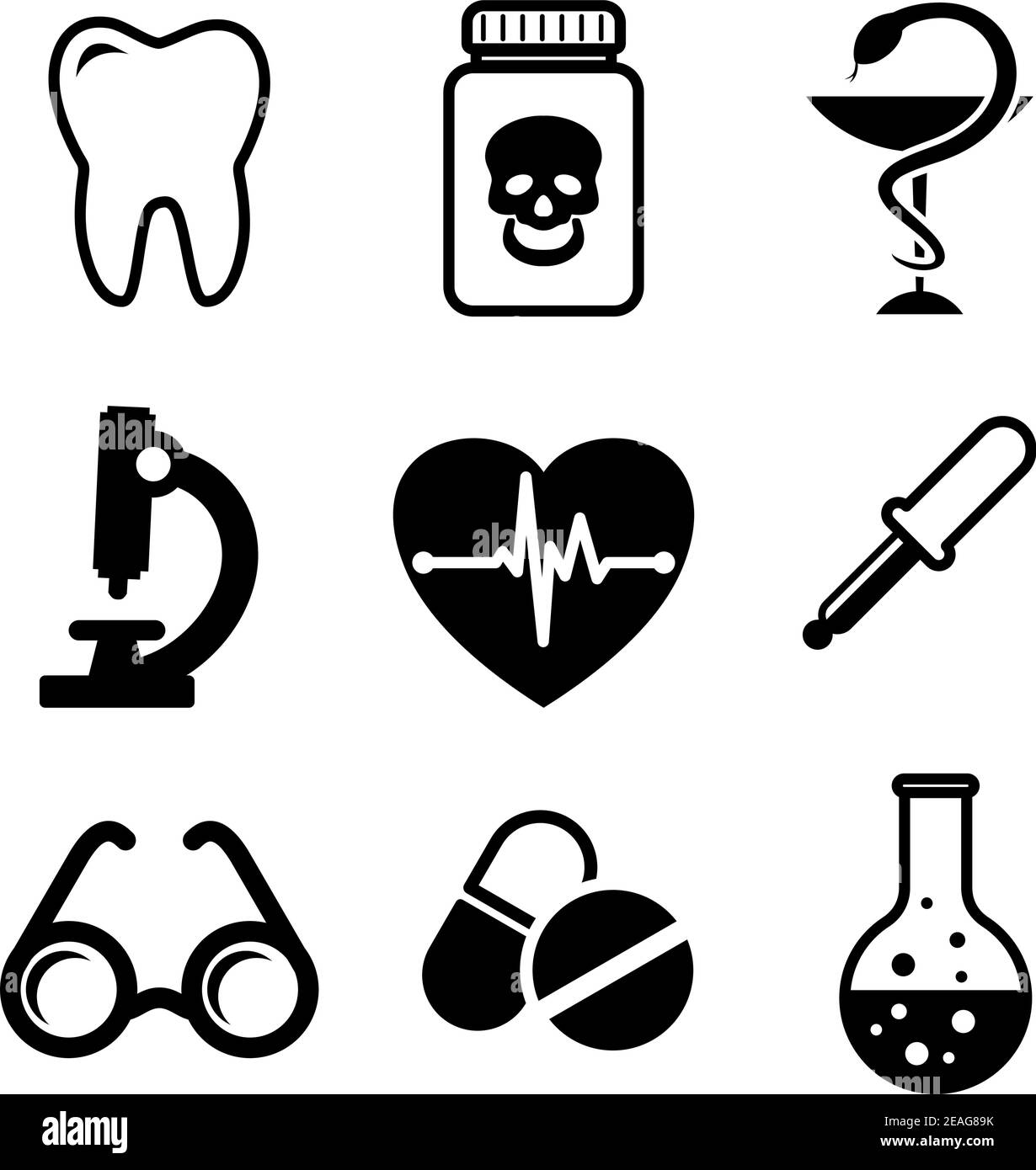 Sammlung von medizinischen Ikonen in schwarz-weiß, die einen Zahn für Zahnmedizin, Gift, Mikroskop, Herz mit EKG, Brille, Tropf und Arbeiter Stock Vektor