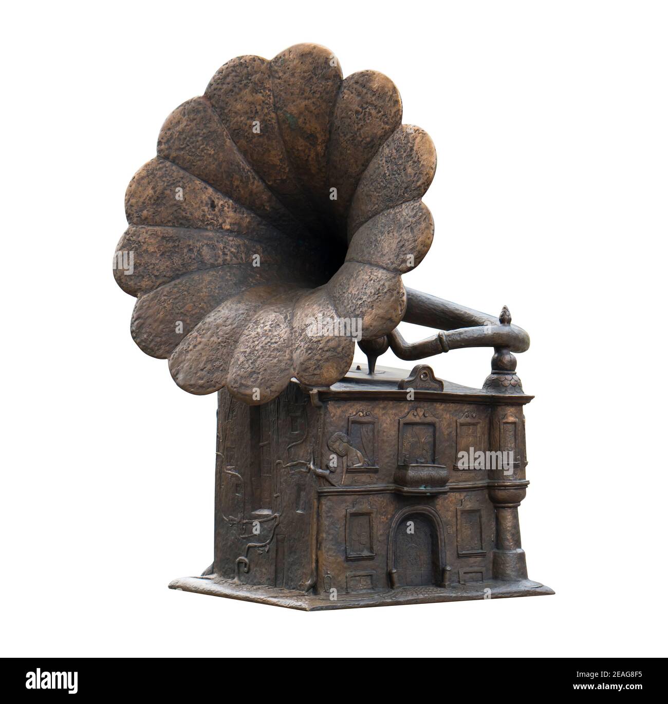 Gramophone, ein Denkmal für künstlerische Leistung, ein altes Musikinstrument auf weißem Hintergrund isoliert Stockfoto