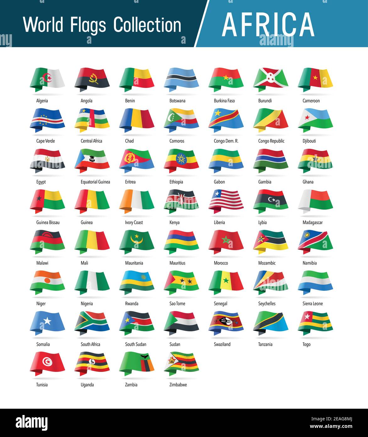 Flaggen von Afrika, winken im Wind. Symbole, die auf Position, Herkunft und Sprache verweisen. Vector Welt Flaggen Kollektion. Stock Vektor