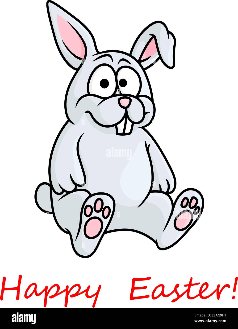 Niedliche kleine graue Happy Easter Hase Grußkarte Design mit einem kleinen Kaninchen sitzen Blick auf den Betrachter über rot Happy Easter Text, Vektor-Illust Stock Vektor