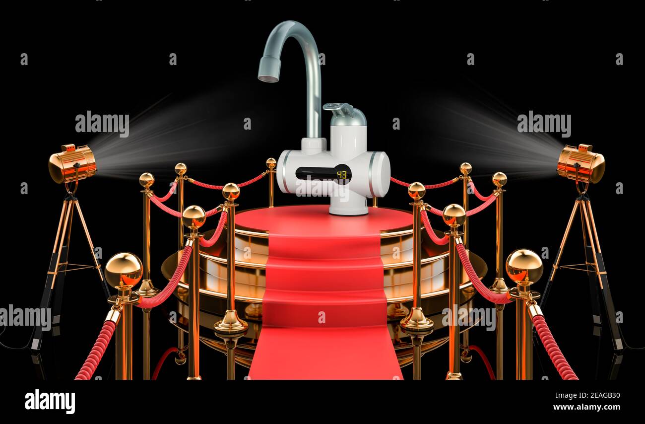 Podium mit Instant-Elektro-Warmwasserbereiter, 3D Rendering isoliert auf schwarzem Hintergrund Stockfoto