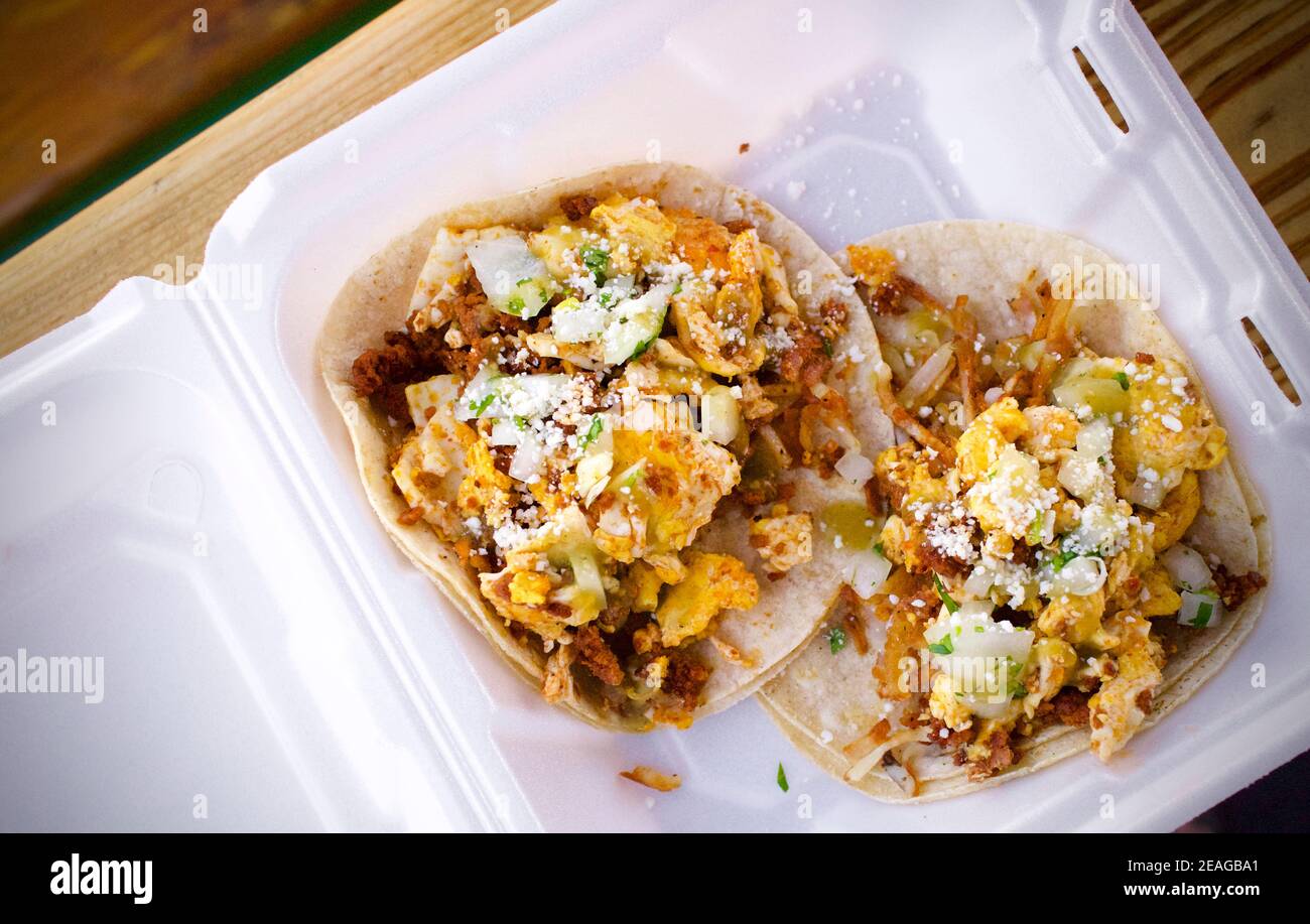 Frühstück Tacos in Key West, Florida, FL USA. Südlichster Punkt in den kontinentalen USA. Insel Urlaubsziel für entspannten Tourismus. Stockfoto