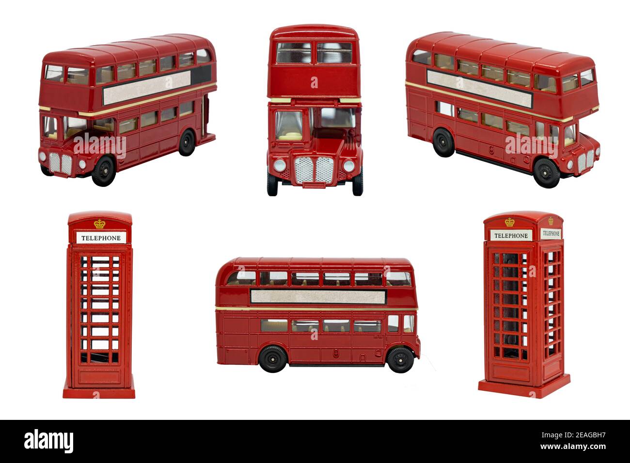 Berühmte rote, traditionelle Londoner Bus- und Telefonzelle isoliert Weiß Stockfoto
