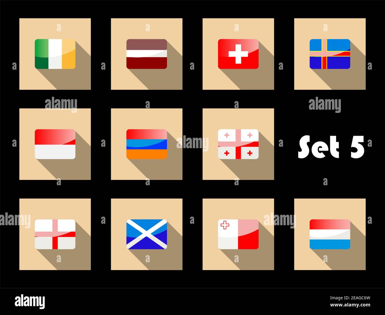Flaggen-Ikonen von Irland, Lettland, Schweiz, Georgien, Armenien, Polen, Schottland, England, Malta, Niederlande im Hochglanz-Flachstil Stock Vektor