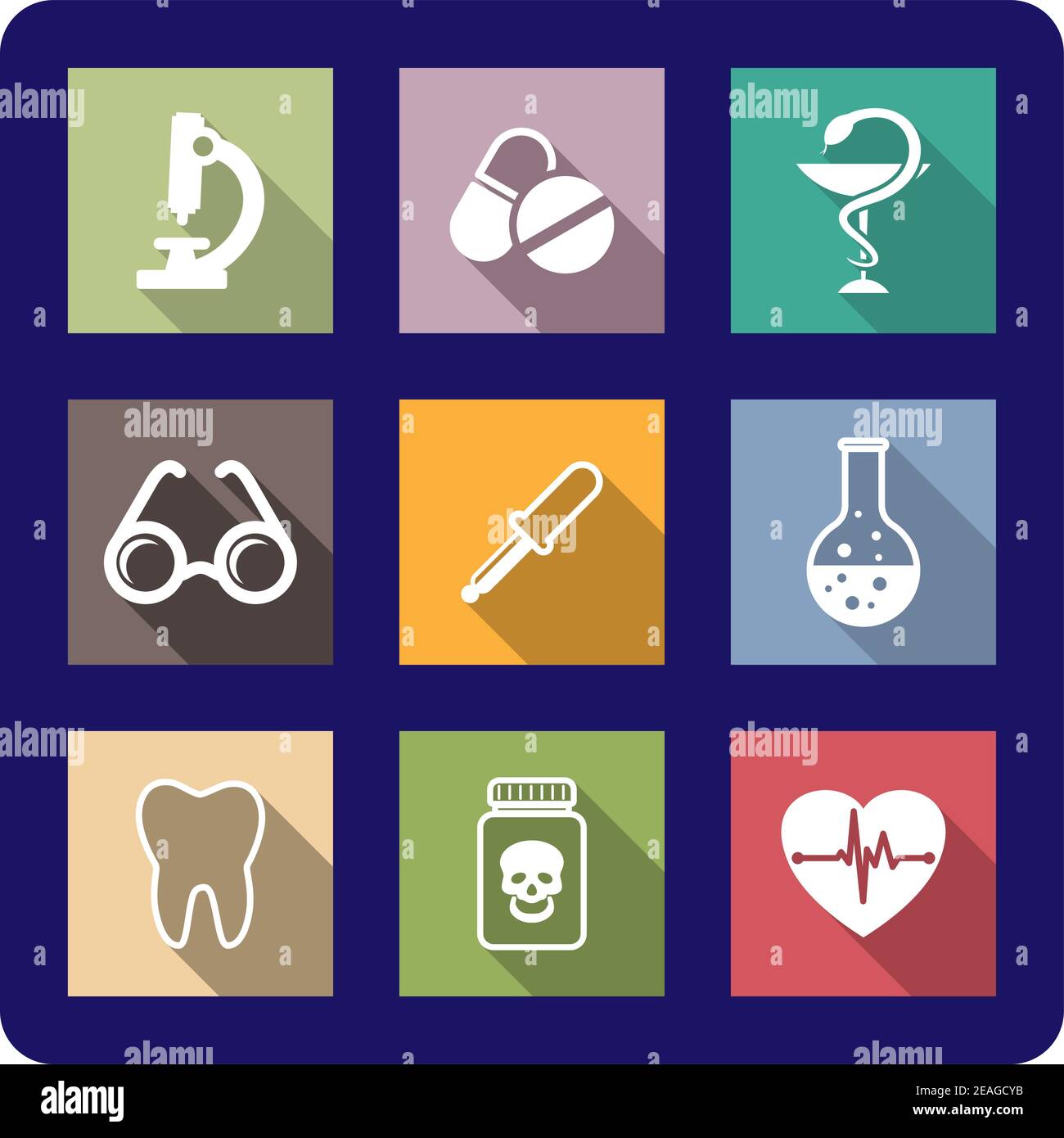Flache medizinische und medizinische Symbole auf bunten Tasten darstellen, ein Mikroskop, Medikamente, Pillen, Brillen, Pipette, Laborflasche, Zahn, poiso Stock Vektor