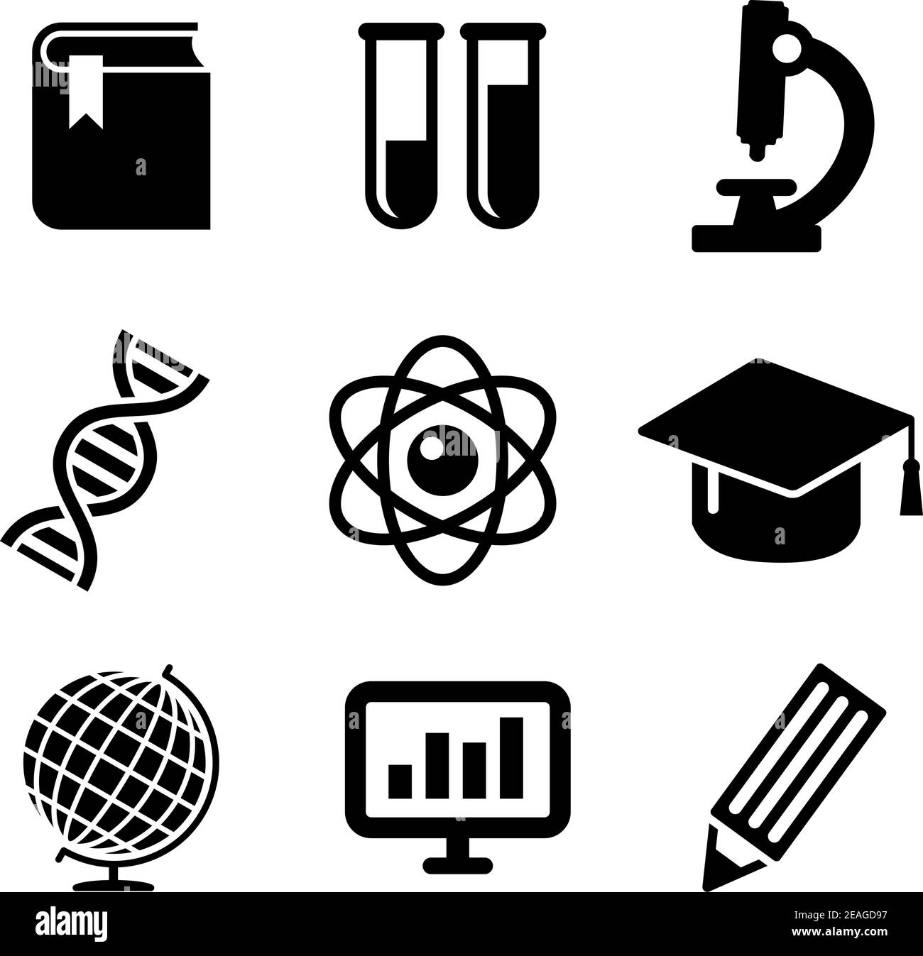 Symbole für Wissenschaft und Bildung, die Buch, Reagenzgläser, DNA, Graduierung, Mikroskop, Atom, Bleistift, Globus und Computer darstellen Stock Vektor