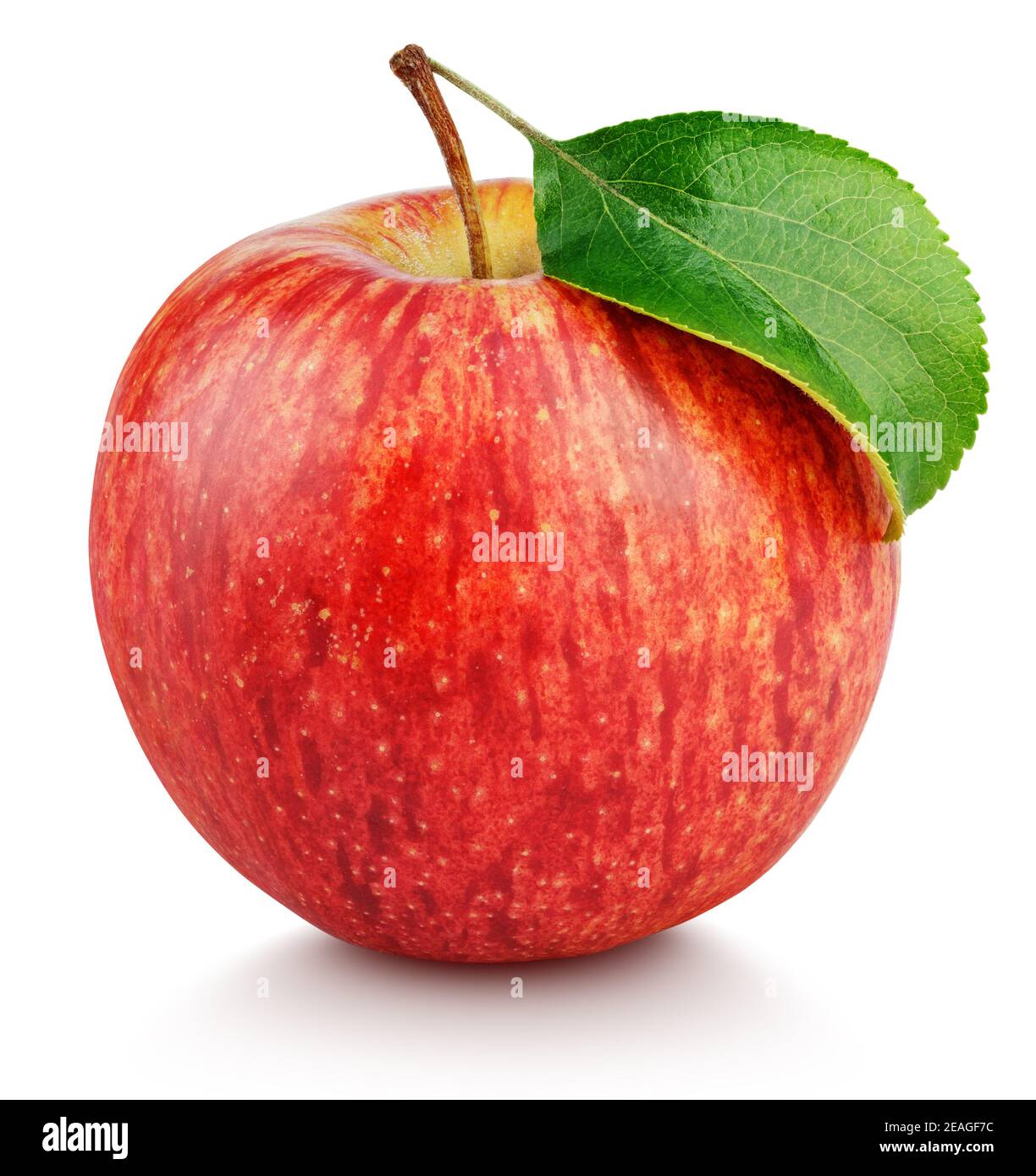 Eine reife rote Apfelfrucht mit grünem Blatt isoliert auf Weißer Hintergrund mit Beschneidungspfad Stockfoto