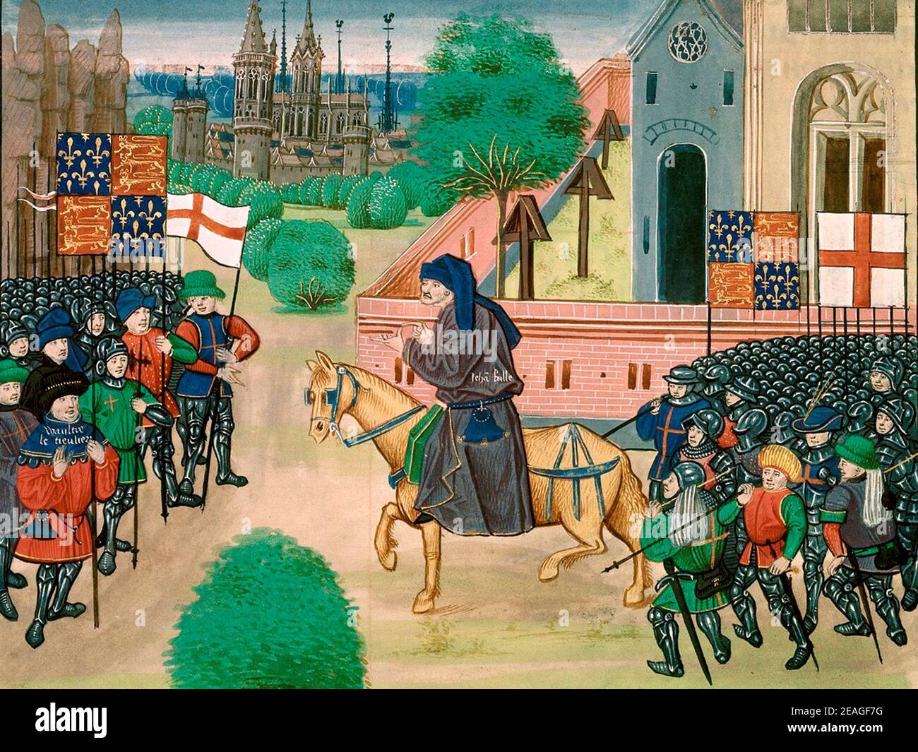 Darstellung des Klerikers John Ball aus dem 15th. Jahrhundert, der die Rebellen ermutigt; Wat Tyler ist rot dargestellt, vorne links Stockfoto