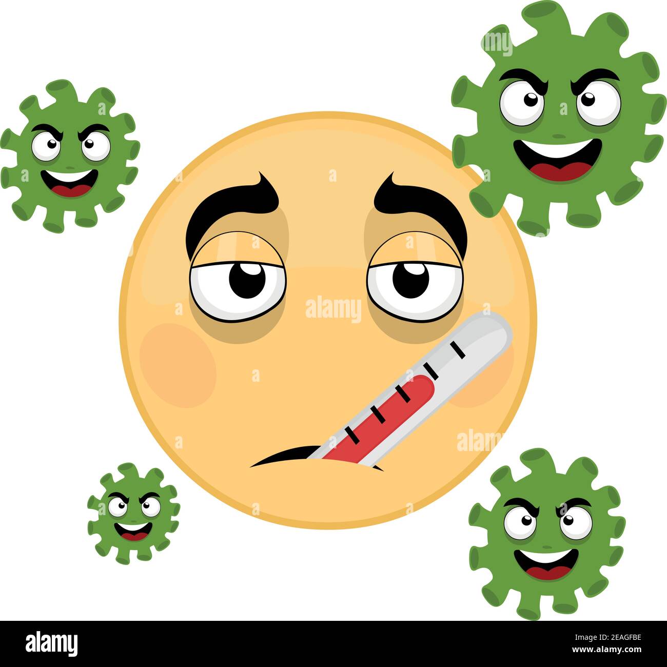 Vektor-Illustration von Emoticon mit seinem blassen Gesicht und einem Thermometer im Mund, umgeben von Cartoon Coronavirus Stock Vektor
